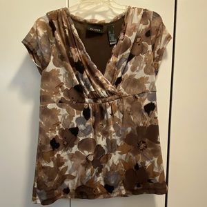 Watercolor Floral Short Sleeve Blouse Brown White